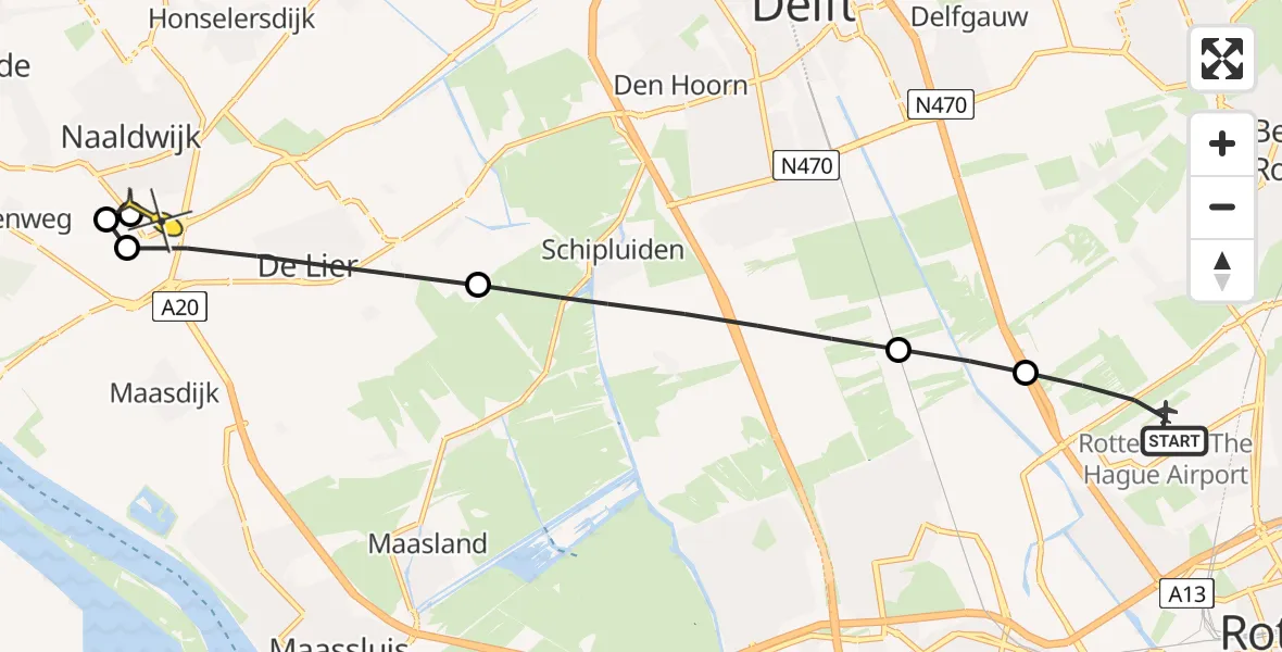 Routekaart van de vlucht: Lifeliner 2 naar Naaldwijk, De Hoge Bomen