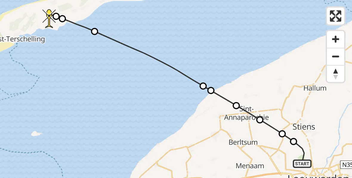Routekaart van de vlucht: Ambulanceheli naar Midsland, Keegsdijkje