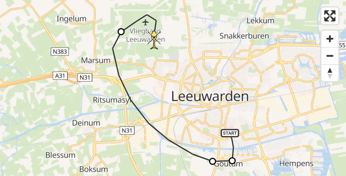 Routekaart van de vlucht: Ambulanceheli naar Vliegbasis Leeuwarden, Aldlânsdyk