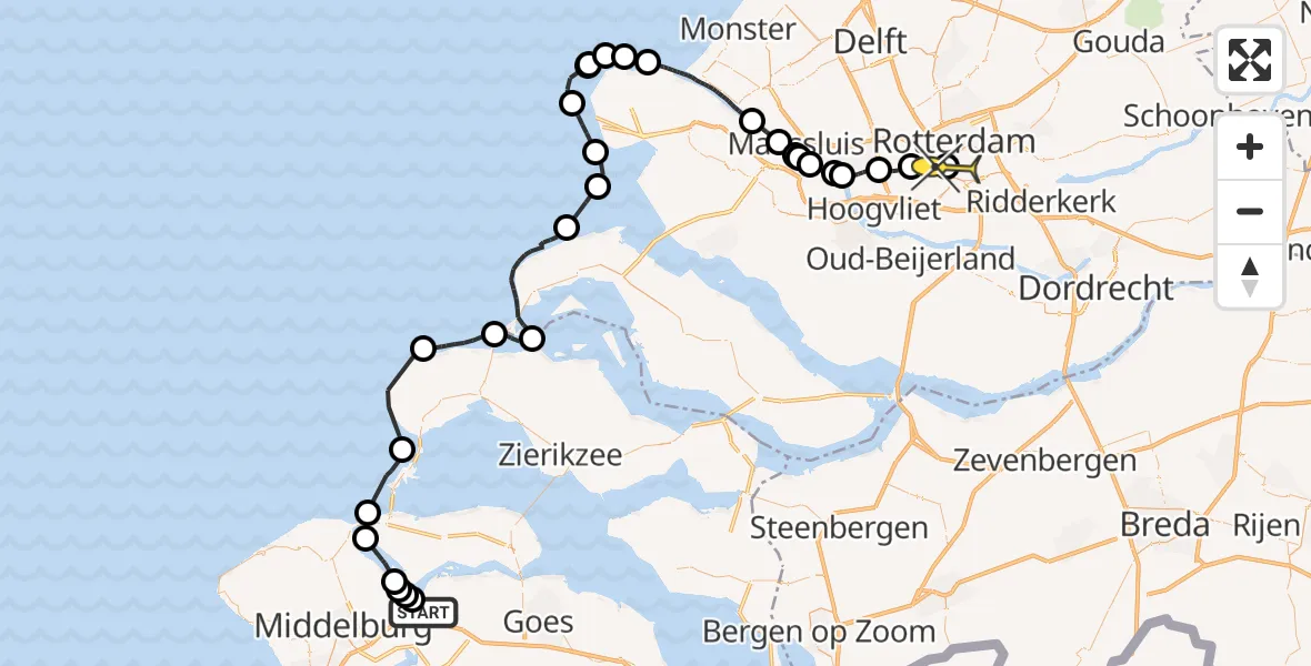 Routekaart van de vlucht: Kustwachthelikopter naar Erasmus MC, Oranjeplaatweg