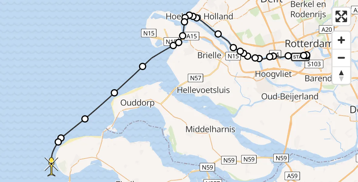 Routekaart van de vlucht: Kustwachthelikopter naar Burgh-Haamstede, RDM-straat