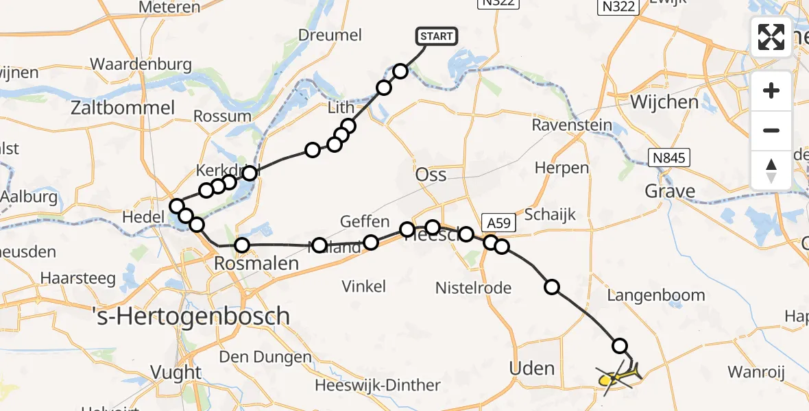 Routekaart van de vlucht: Politiehelikopter naar Vliegbasis Volkel, Dijkgraaf de Leeuwweg