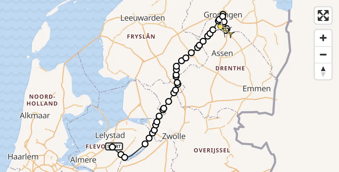 Routekaart van de vlucht: Traumahelikopter naar Groningen Airport Eelde, Eendenweg