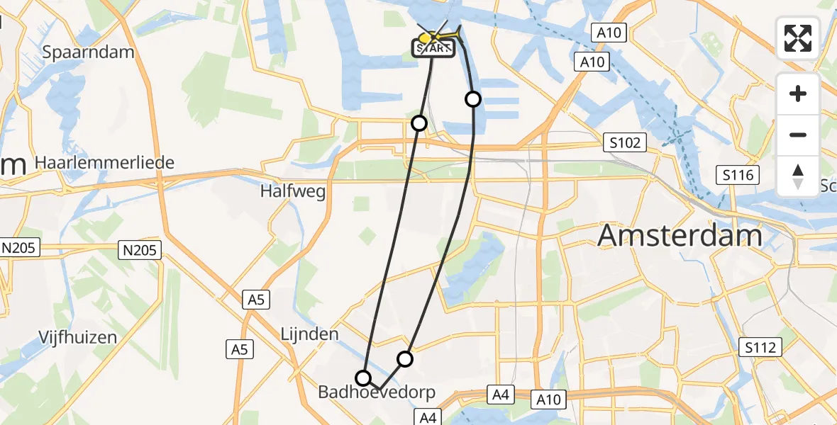 Routekaart van de vlucht: Lifeliner 1 naar Amsterdam Heliport, Nieuw-Zeelandweg