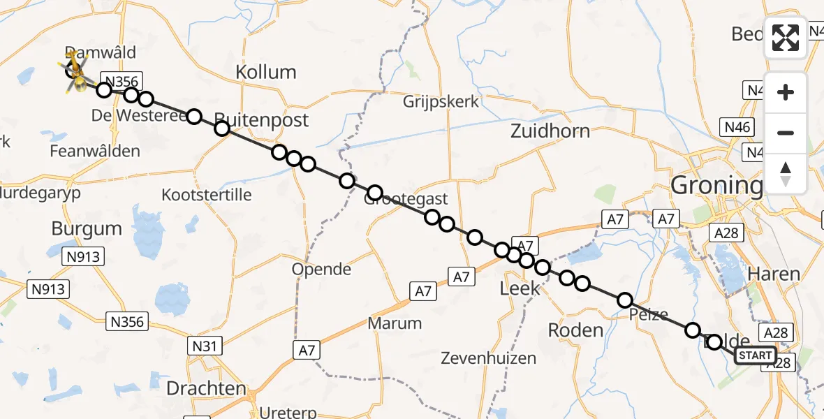 Vluchtroute Traumahelikopter Groningen Airport Eelde - Damwâld, 14 juni 2025, 11:59