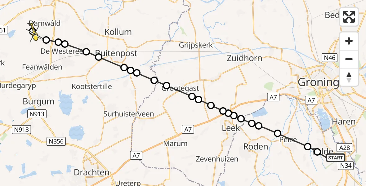 Routekaart van de vlucht: Lifeliner 4 naar Damwâld, Molenweg