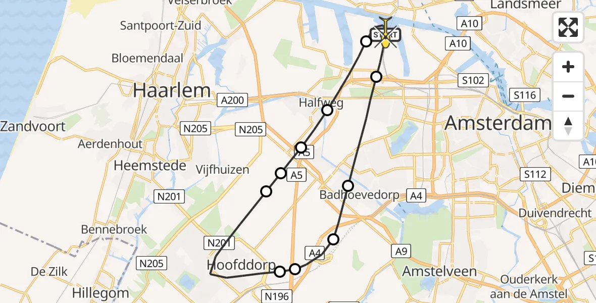 Routekaart van de vlucht: Lifeliner 1 naar Amsterdam Heliport, Nieuw-Zeelandweg