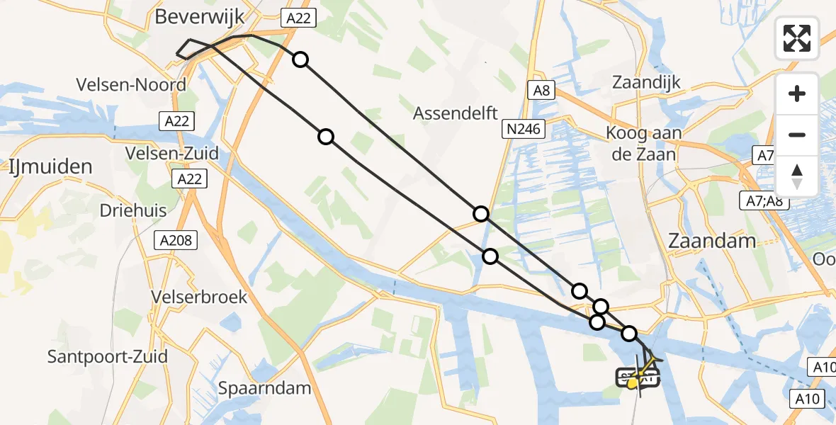 Routekaart van de vlucht: Lifeliner 1 naar Amsterdam Heliport, Grote Tocht