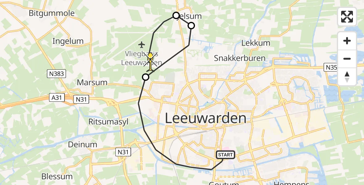 Routekaart van de vlucht: Ambulanceheli naar Vliegbasis Leeuwarden, Aldlânsdyk