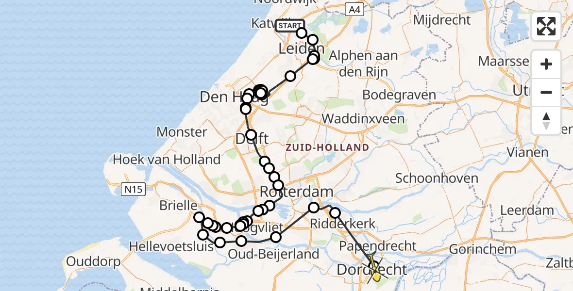Routekaart van de vlucht: Politieheli naar Dordrecht, Haarlemmertrekvaart