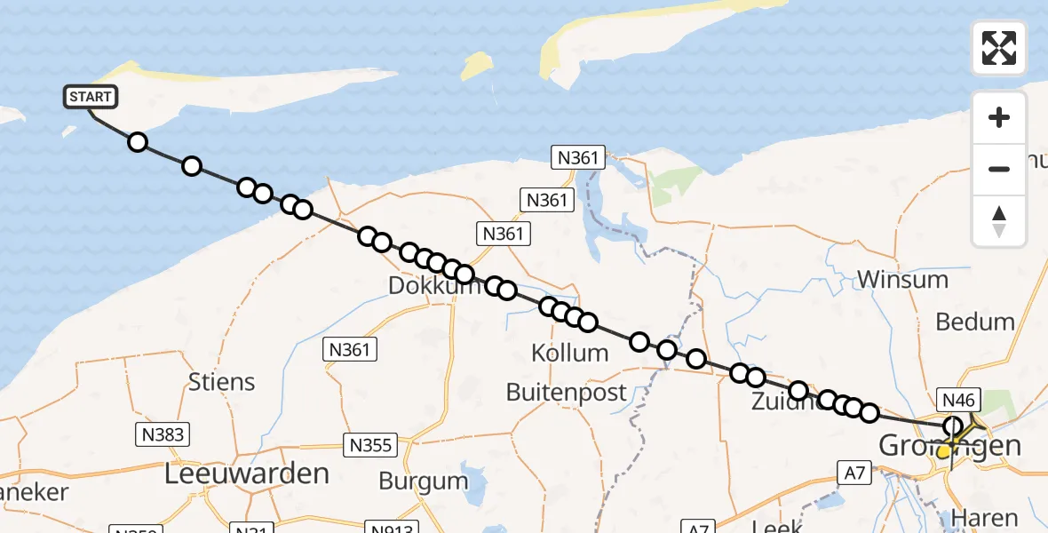 Routekaart van de vlucht: Ambulanceheli naar Universitair Medisch Centrum Groningen, Fenneweg