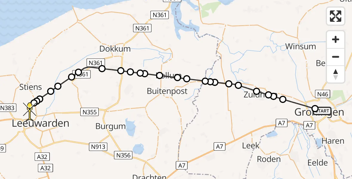 Routekaart van de vlucht: Ambulancehelikopter naar Vliegbasis Leeuwarden, Noorderbinnensingel