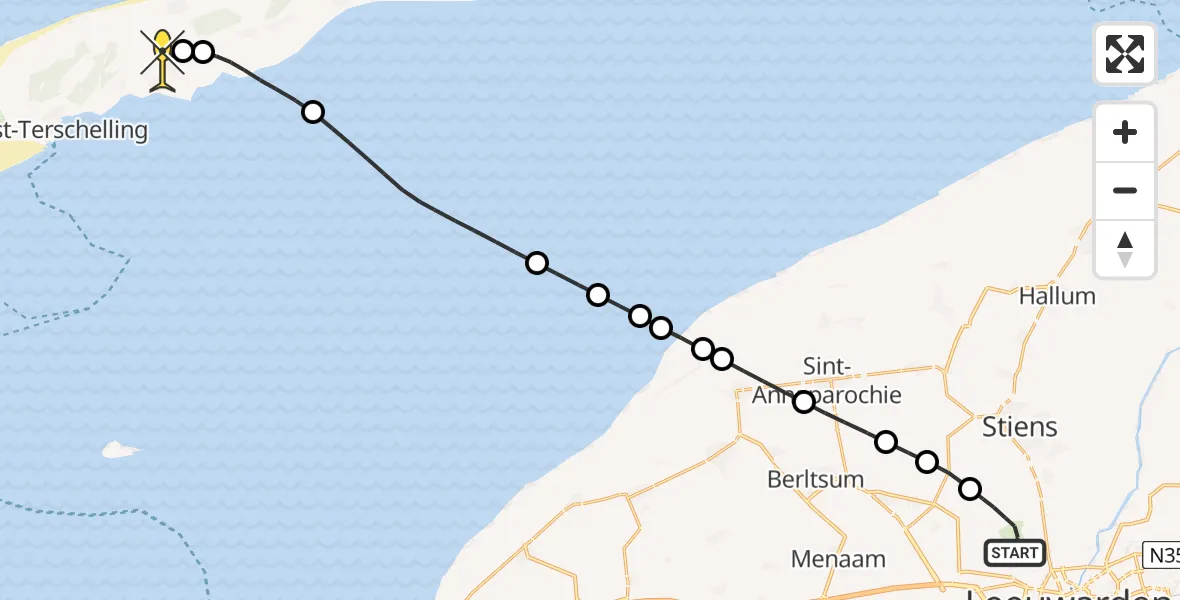 Routekaart van de vlucht: Ambulancehelikopter naar Midsland, Keegsdijkje