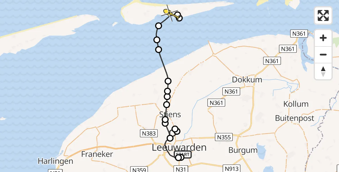 Routekaart van de vlucht: Ambulancehelikopter naar Nes, Redbadwei
