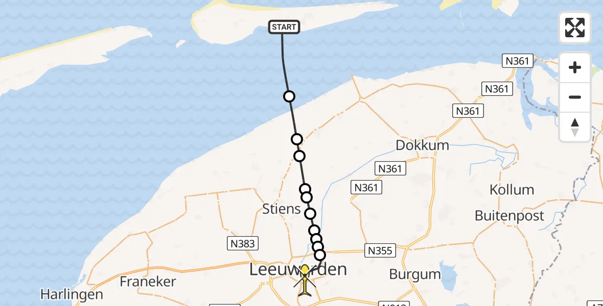Routekaart van de vlucht: Ambulancehelikopter naar Leeuwarden, Reegeul