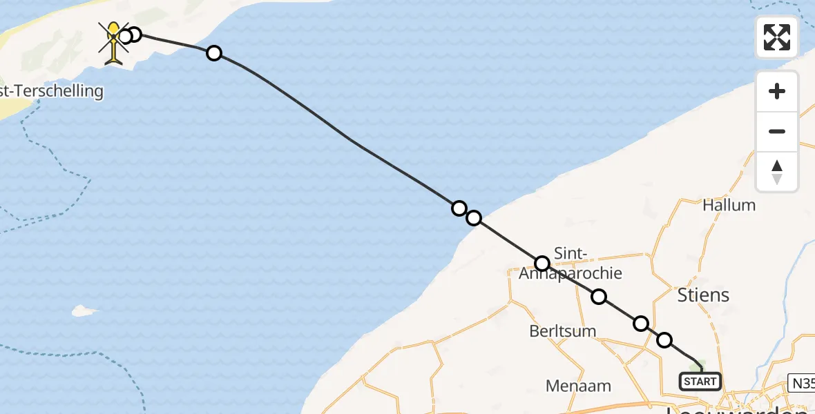 Routekaart van de vlucht: Ambulanceheli naar Midsland, Keegsdijkje