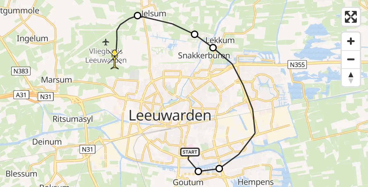 Routekaart van de vlucht: Ambulanceheli naar Vliegbasis Leeuwarden, It Blauwe Slot
