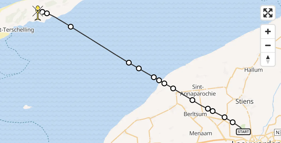 Routekaart van de vlucht: Ambulancehelikopter naar Midsland, Keegsdijkje