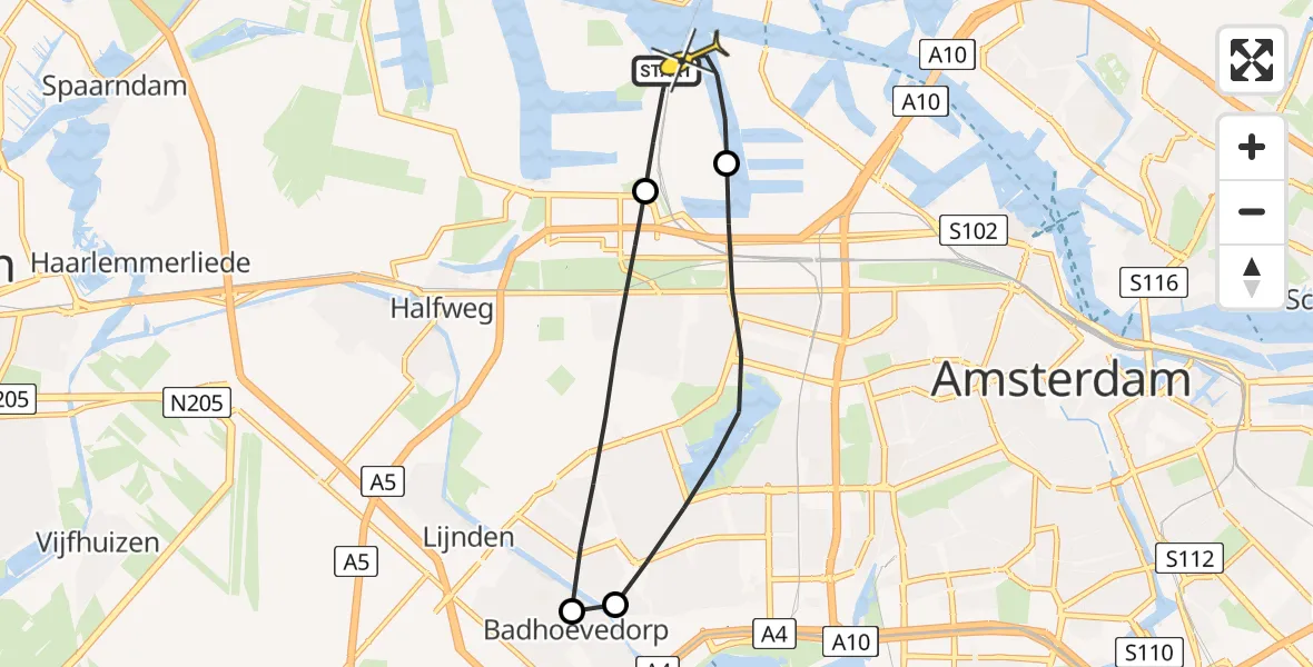Routekaart van de vlucht: Lifeliner 1 naar Amsterdam Heliport, Nieuw-Zeelandweg