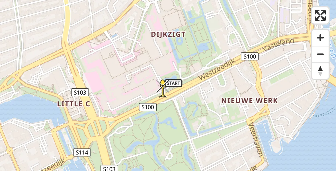 Routekaart van de vlucht: Lifeliner 2 naar Erasmus MC, Westzeedijk