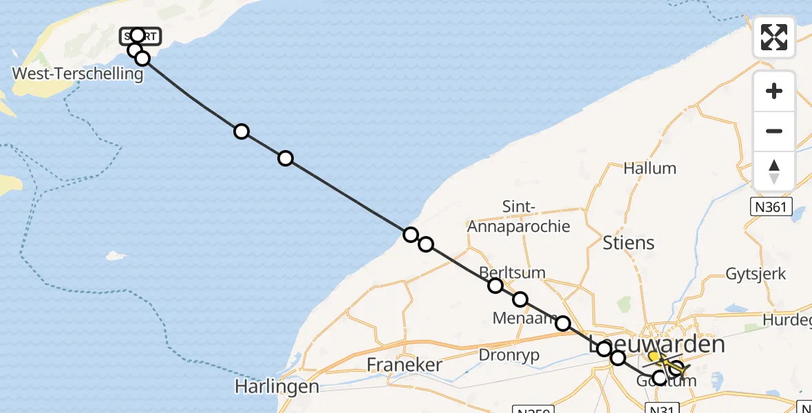 Routekaart van de vlucht: Ambulanceheli naar Leeuwarden, Kallandspad