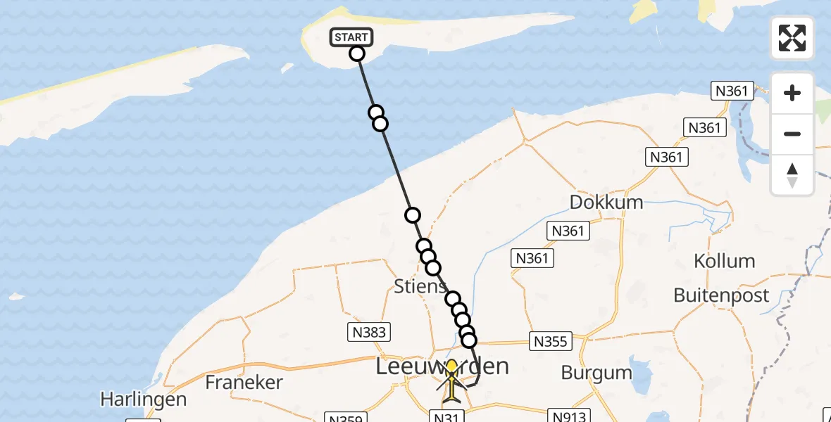 Routekaart van de vlucht: Ambulancehelikopter naar Leeuwarden, Jelmeraweg