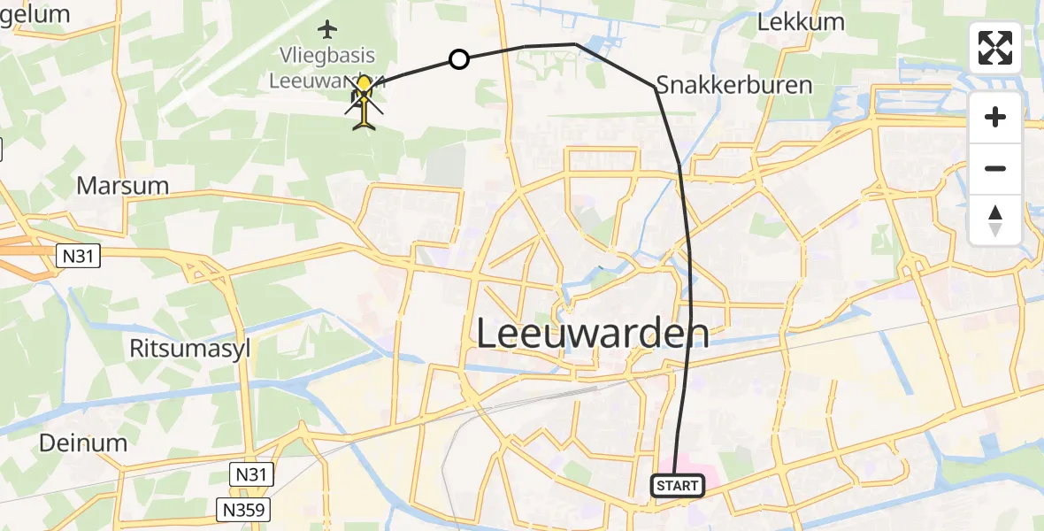 Routekaart van de vlucht: Ambulanceheli naar Vliegbasis Leeuwarden, Aldlânsdyk