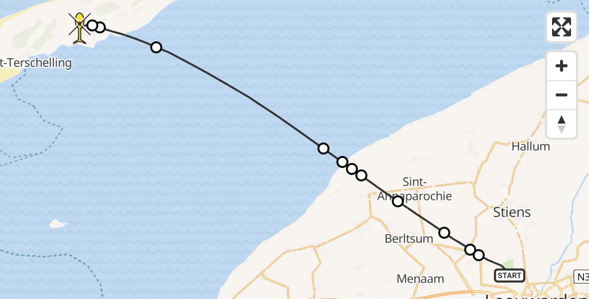 Routekaart van de vlucht: Ambulanceheli naar Midsland, Keegsdijkje