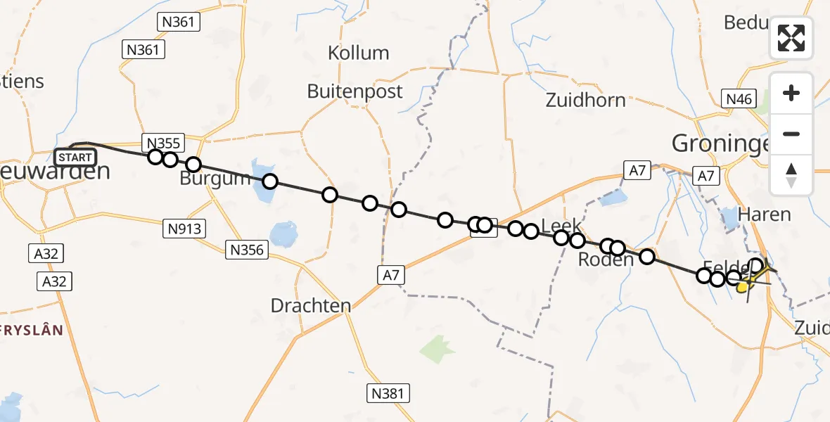 Routekaart van de vlucht: Lifeliner 4 naar Groningen Airport Eelde, Tolhûswei