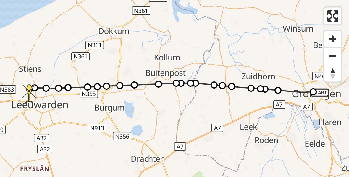 Routekaart van de vlucht: Ambulanceheli naar Vliegbasis Leeuwarden, Grote Leliestraat