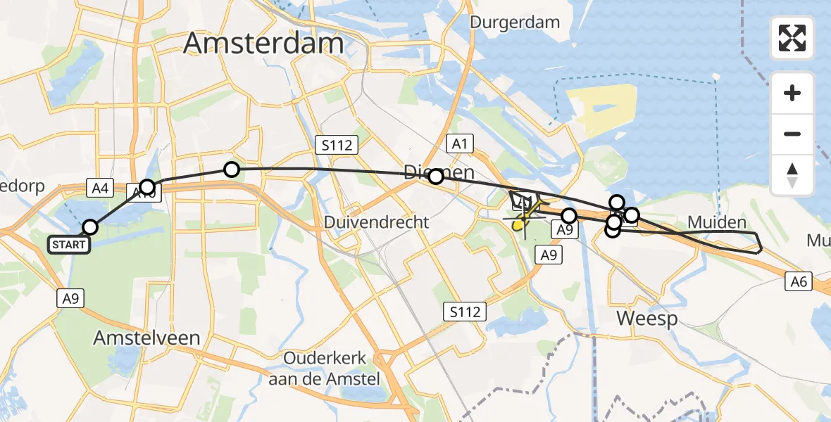 Routekaart van de vlucht: Politiehelikopter naar Diemen, Milieuzone Amsterdam