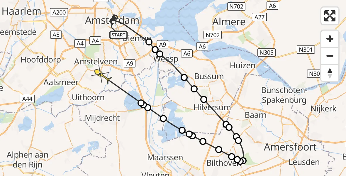 Routekaart van de vlucht: Politieheli naar Amstelveen, Vijzelgracht