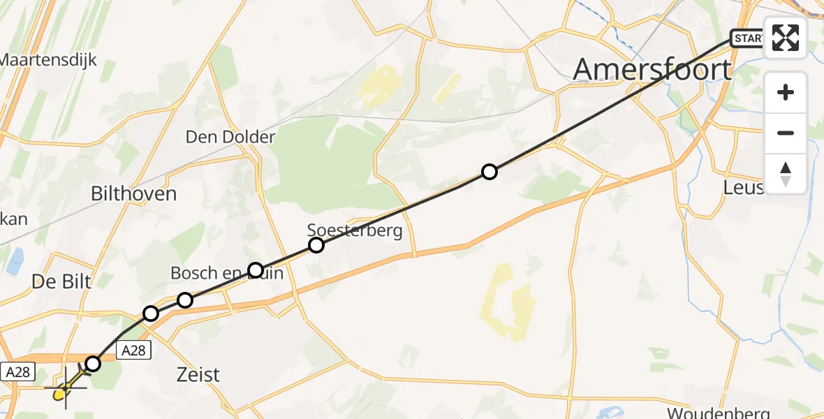 Routekaart van de vlucht: Lifeliner 1 naar Universitair Medisch Centrum Utrecht, De Bosuil