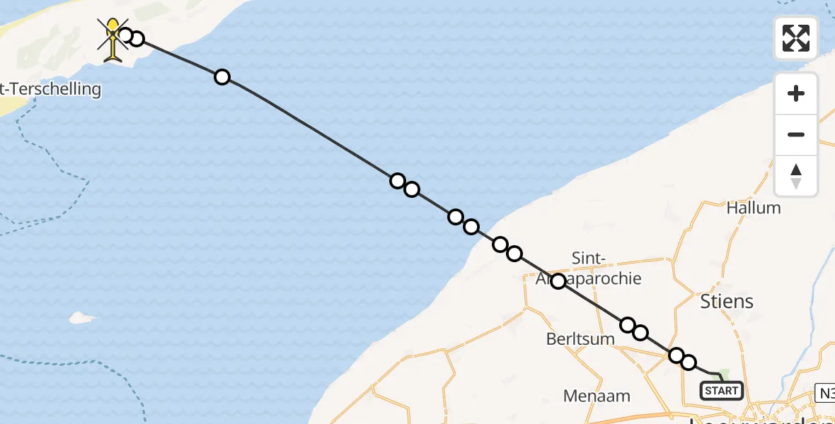 Routekaart van de vlucht: Ambulanceheli naar Midsland, Keegsdijkje