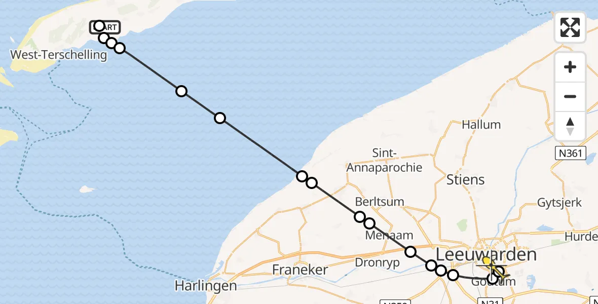 Routekaart van de vlucht: Ambulanceheli naar Leeuwarden, Vijverspad