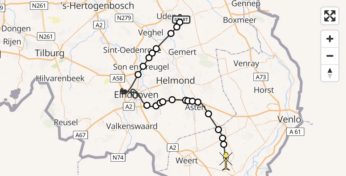 Routekaart van de vlucht: Politiehelikopter naar Heythuysen, Kromstraat