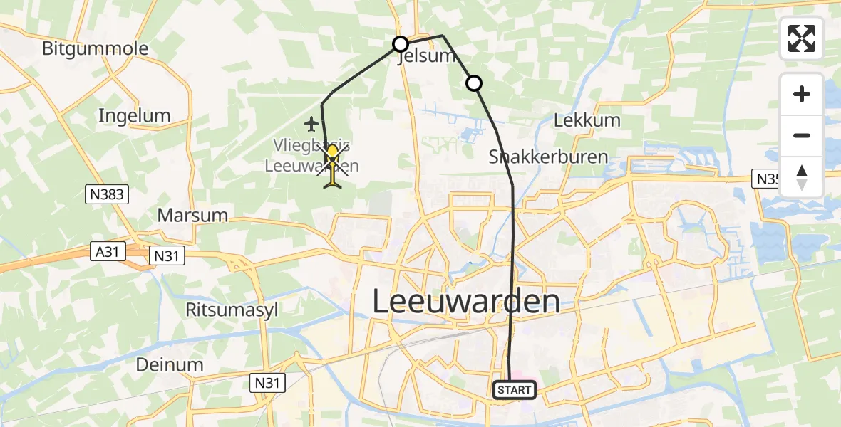 Routekaart van de vlucht: Ambulanceheli naar Vliegbasis Leeuwarden, Oostergoweg