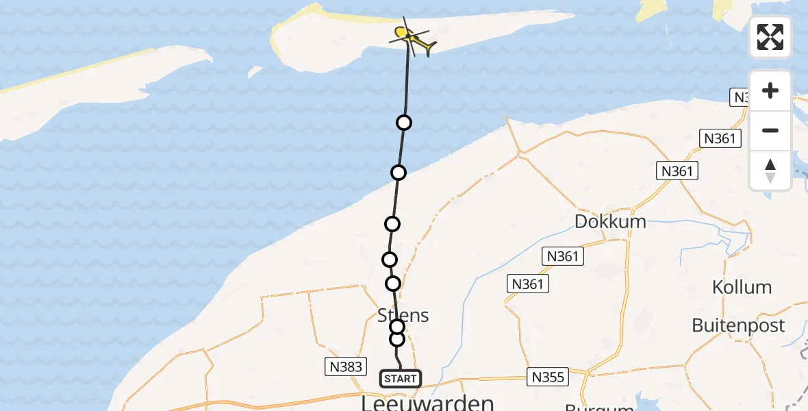 Routekaart van de vlucht: Ambulancehelikopter naar Nes, Keegsdijkje