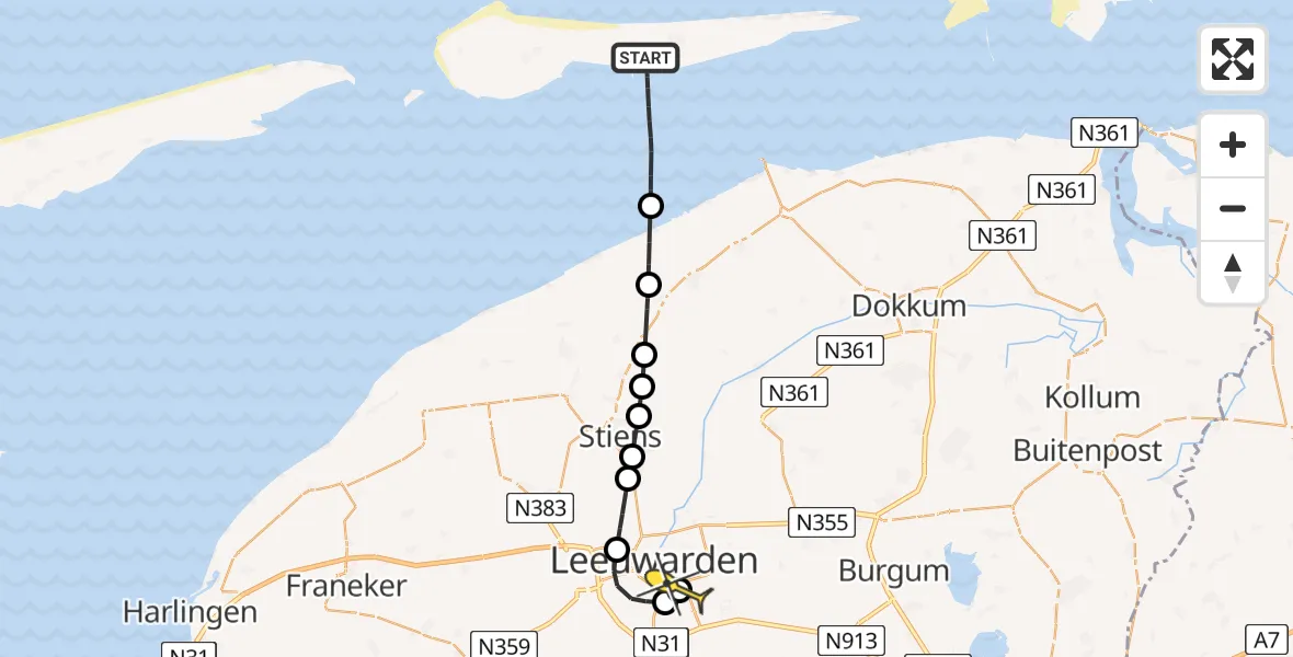Routekaart van de vlucht: Ambulancehelikopter naar Leeuwarden, Waddendijk