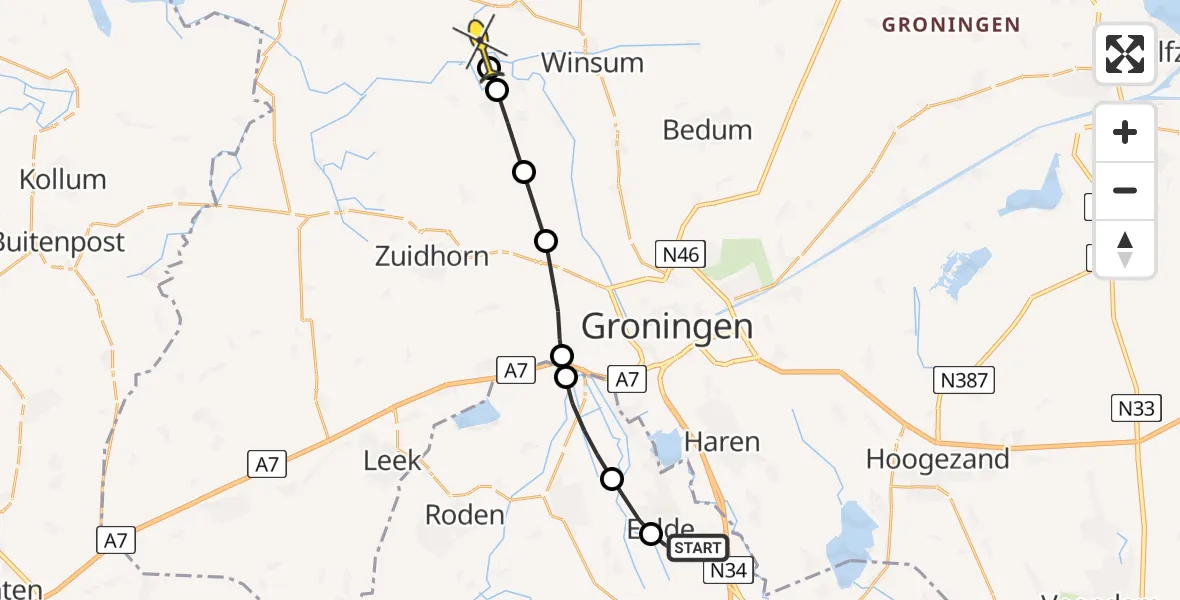Routekaart van de vlucht: Lifeliner 4 naar Warfhuizen, Molenweg
