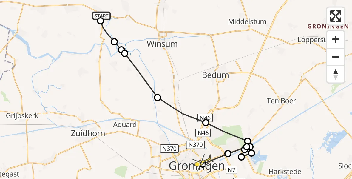 Routekaart van de vlucht: Lifeliner 4 naar Universitair Medisch Centrum Groningen, Baron van Asbeckweg