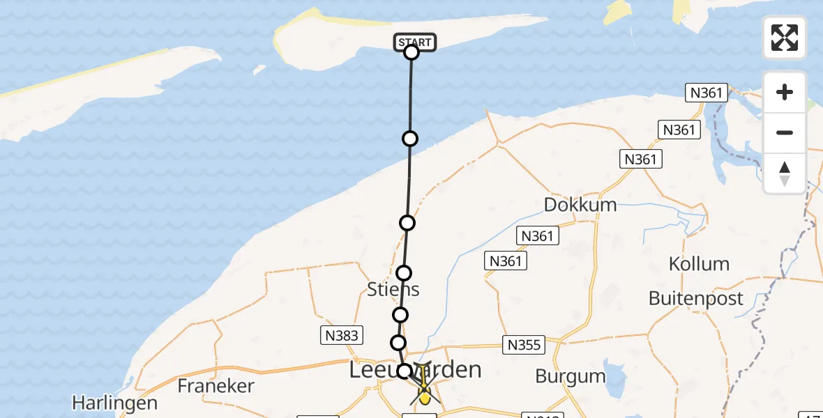 Routekaart van de vlucht: Ambulancehelikopter naar Leeuwarden, Grote Miedenweg