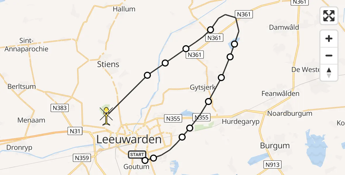 Routekaart van de vlucht: Ambulancehelikopter naar Vliegbasis Leeuwarden, Dobbehôf