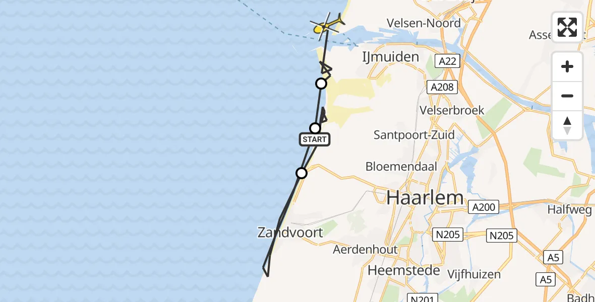 Routekaart van de vlucht: Politiehelikopter naar Velsen-Noord, F1 Strandafgang Boulevaard Barnaart