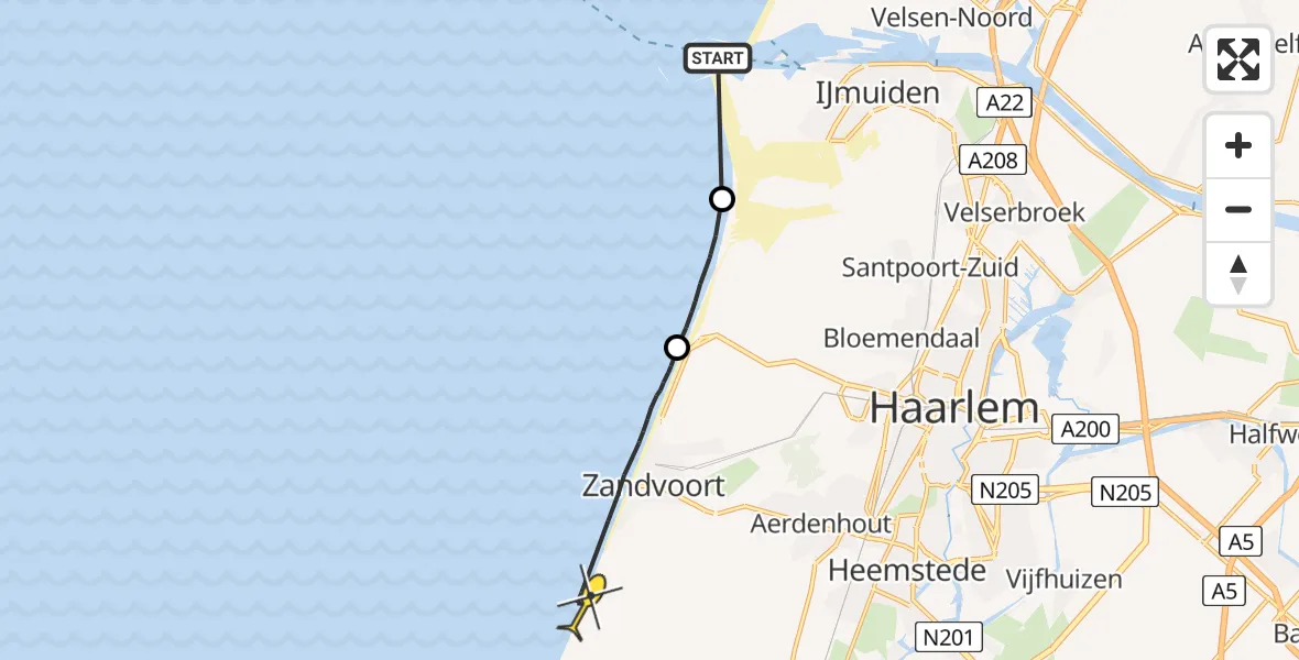 Routekaart van de vlucht: Politiehelikopter naar Zandvoort, Bloemendaal aan Zee