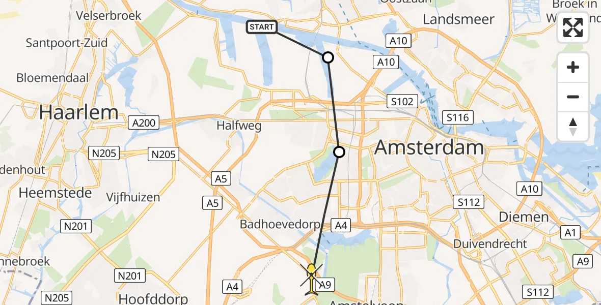 Vluchtroute Politiehelikopter van Amsterdam naar Schiphol