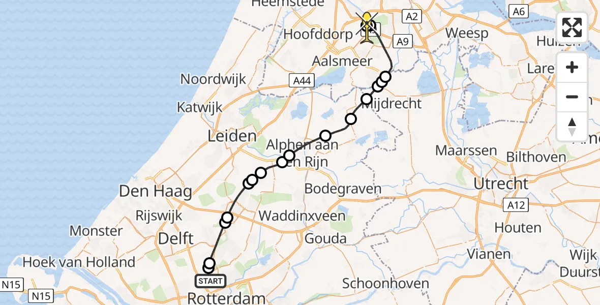 Vluchtroute Politiehelikopter van Rotterdam The Hague Airport naar Schiphol