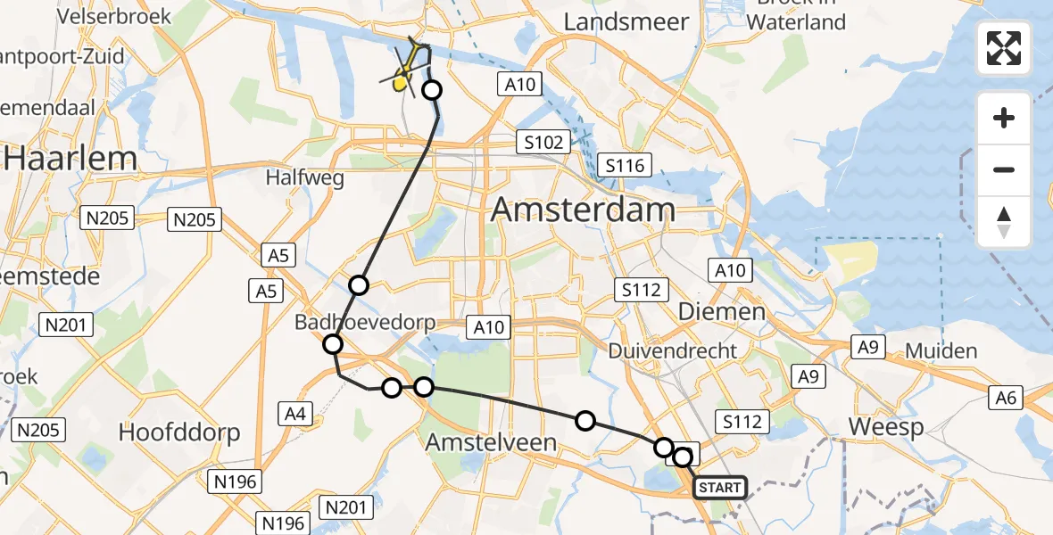 Routekaart van de vlucht: Lifeliner 1 naar Amsterdam Heliport, Tafelbergweg