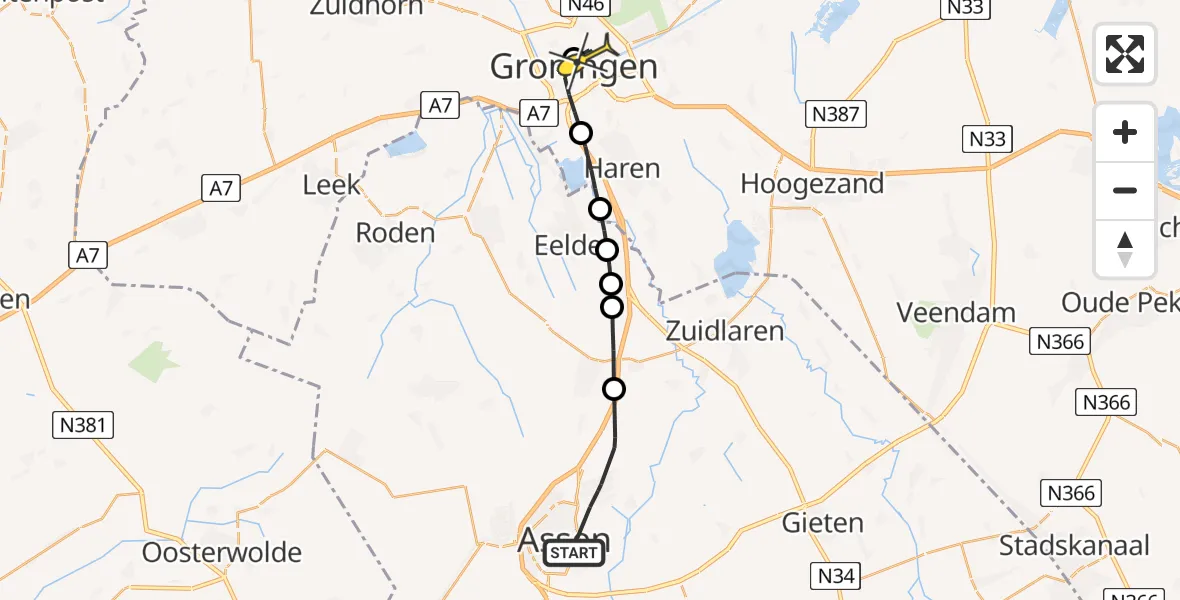 Routekaart van de vlucht: Lifeliner 4 naar Universitair Medisch Centrum Groningen, Zeilmakerstraat