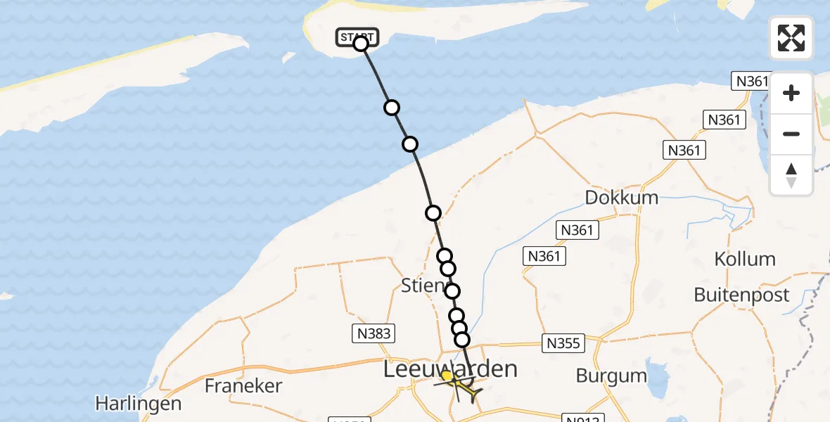 Routekaart van de vlucht: Ambulancehelikopter naar Leeuwarden, Uitwatering